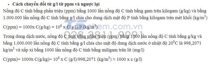 Chuyển đổi từ g/l sang ppm và ngược lại 