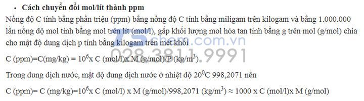 Chuyển đổi từ mol/l sang ppm 