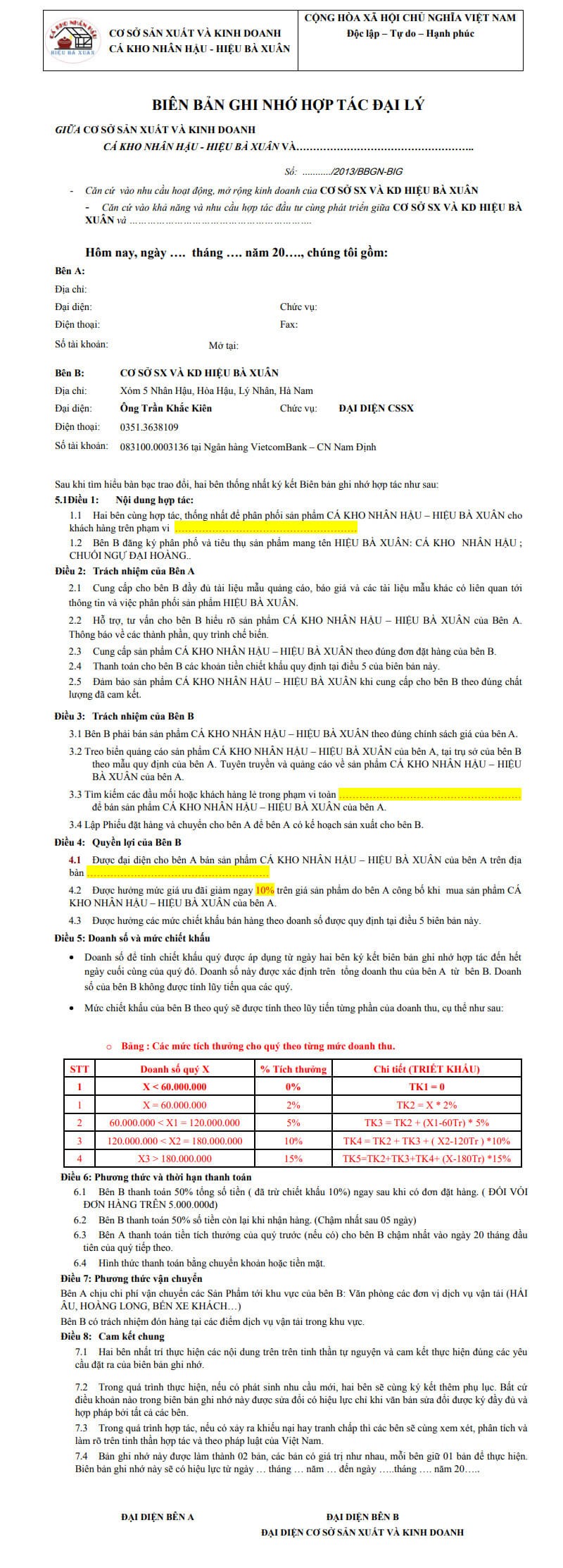Biên bản ghi nhớ hợp tác kinh doanh